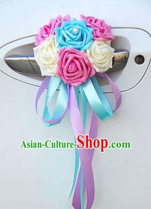 Top Grade Wedding Accessories Decoration, China Style Wedding Car Ornament Six Flowers Bride Pink White and Blue Rose Ribbon Garlands
