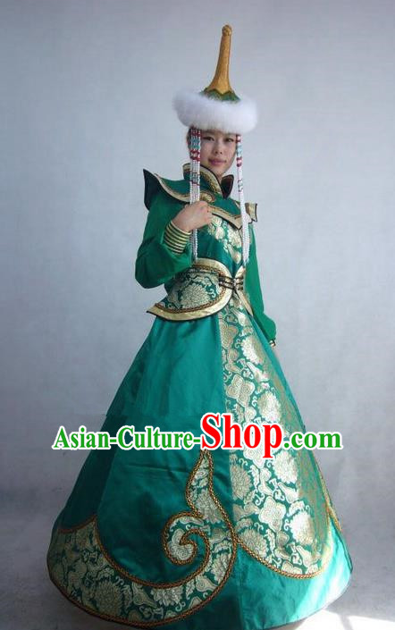 Traditional Chinese Mongol Nationality Dance Costume Handmade Queen Mongolian Robe, China Mongolian Minority Nationality Bride Wedding Dress Clothing for Women
