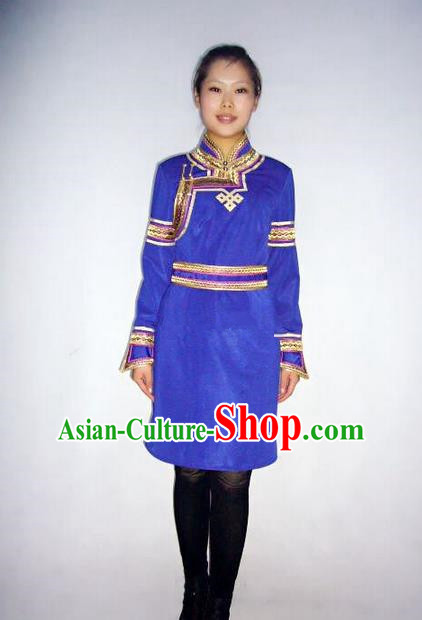 Traditional Chinese Mongol Nationality Dance Costume Handmade Blue Mongolian Robe, China Mongolian Minority Nationality Dress Clothing for Women