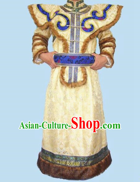 Traditional Chinese Mongol Nationality Dance Costume Handmade Yellow Mongolian Robe, China Mongolian Minority Nationality Bridegroom Clothing for Men