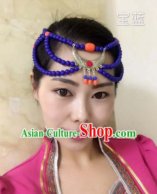 Traditional Handmade Chinese Mongol Nationality Handmade Sliver Purple Beads Headband, China Mongols Mongolian Minority Nationality Wedding Bride Tassel Headwear Headpiece for Women