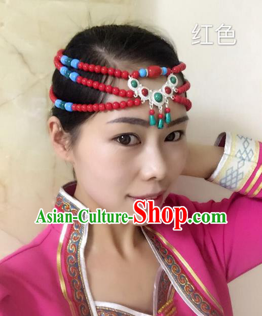 Traditional Handmade Chinese Mongol Nationality Handmade Red Beads Headband, China Mongols Mongolian Minority Nationality Wedding Bride Tassel Headwear Headpiece for Women