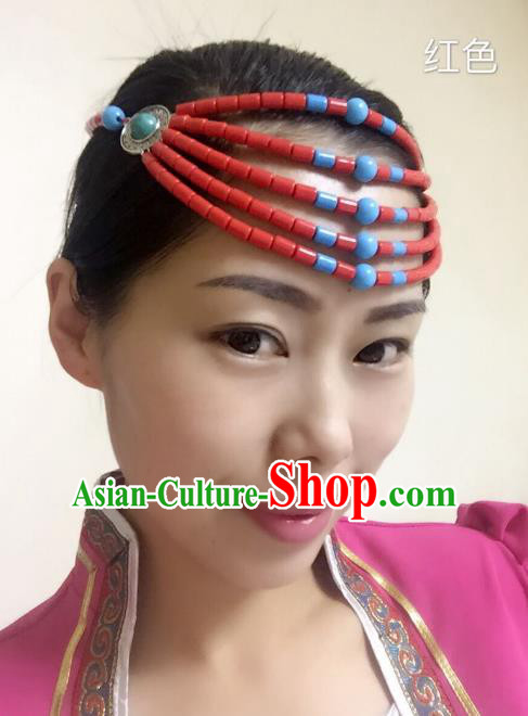 Traditional Handmade Chinese Mongol Nationality Handmade Red Beads Hair Accessories, China Mongols Mongolian Minority Nationality Wedding Headwear for Women