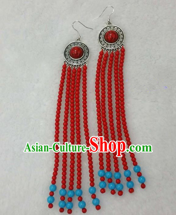 Traditional Handmade Chinese Mongol Nationality Handmade Beads Tassel Earrings, China Mongols Mongolian Minority Nationality Wedding Eardrop for Women