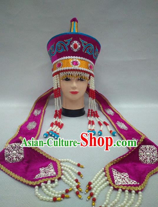 Traditional Handmade Chinese Mongol Nationality Handmade Hat Hair Accessories, China Mongols Mongolian Minority Nationality Wedding Headband Headwear for Women