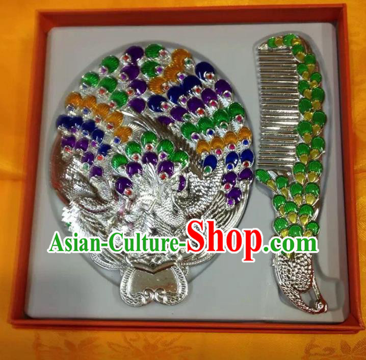 Traditional Handmade Chinese Mongol Nationality Crafts Green Comb and Peacock Pocket Mirror, China Mongolian Minority Nationality Cloisonne Mirror for Women