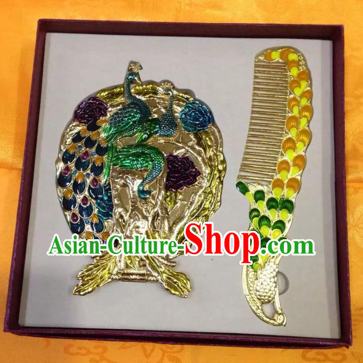 Traditional Handmade Chinese Mongol Nationality Crafts Yellow Hair Comb and Peacock Pocket Mirror, China Mongolian Minority Nationality Cloisonne Mirror for Women
