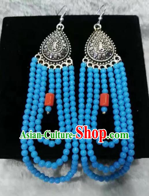 Traditional Handmade Chinese Mongol Nationality Crafts Earrings, China Mongolian Minority Nationality Accessories Blue Beads Eardrop for Women