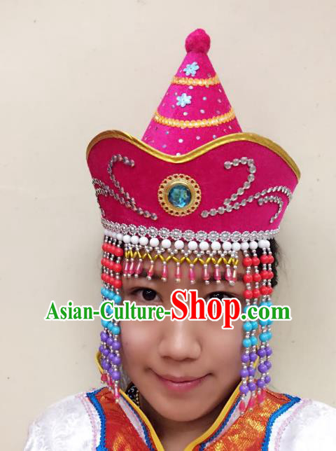 Traditional Handmade Chinese Mongol Nationality Dance Rosy Headwear Princess Hat, China Mongols Mongolian Minority Nationality Bride Tassel Headpiece for Women