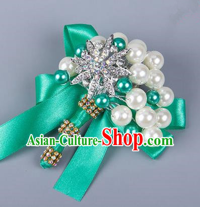 Top Grade Wedding Accessories Decoration Pearl Corsage, China Style Wedding Ornament Champagne Bride Bridegroom Green Ribbon Crystal Brooch