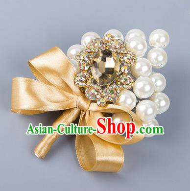 Top Grade Wedding Accessories Decoration Pearl Corsage, China Style Wedding Ornament Champagne Bride Bridegroom Golden Ribbon Crystal Brooch