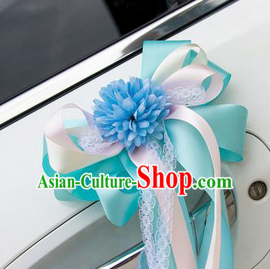 Top Grade Wedding Accessories Decoration, China Style Wedding Car Ornament Bowknot Flowers Bride Blue Silk Ribbon Garlands