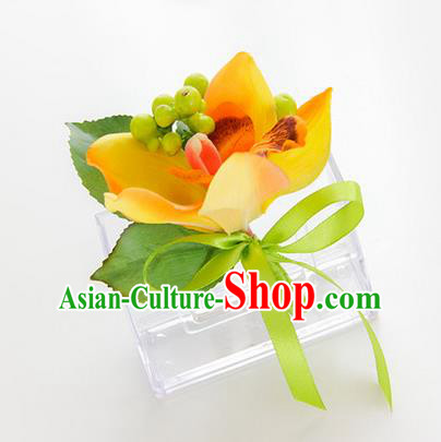 Top Grade Classical Wedding Yellow Silk Flowers,Groom Emulational Corsage Groomsman Brooch Flowers for Men