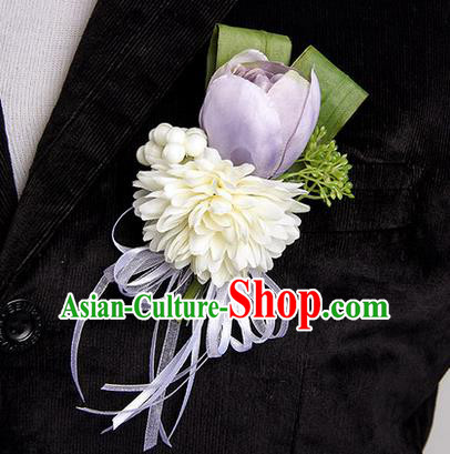 Top Grade Classical Wedding Lilac Silk Tulipa Flowers,Groom Emulational Corsage Groomsman Brooch Flowers for Men