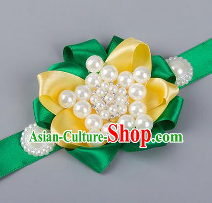 Top Grade Classical Wedding Pearl Green Ribbon Bangle, Bride Emulational Wrist Flowers Bridesmaid Bracelet Flowers for Women