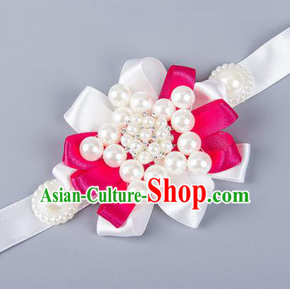 Top Grade Classical Wedding Pearl White Ribbon Bangle, Bride Emulational Wrist Flowers Bridesmaid Bracelet Flowers for Women