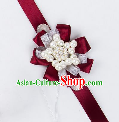 Top Grade Classical Wedding Pearl Wine Red Ribbon Bangle, Bride Emulational Wrist Flowers Bridesmaid Bracelet Flowers for Women
