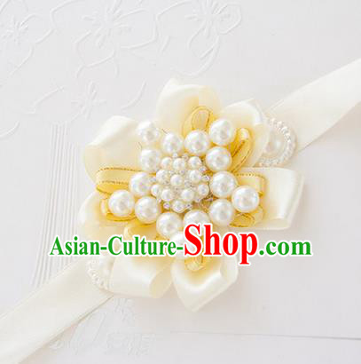 Top Grade Classical Wedding Pearl Yellow Ribbon Bangle, Bride Emulational Wrist Flowers Bridesmaid Bracelet Flowers for Women