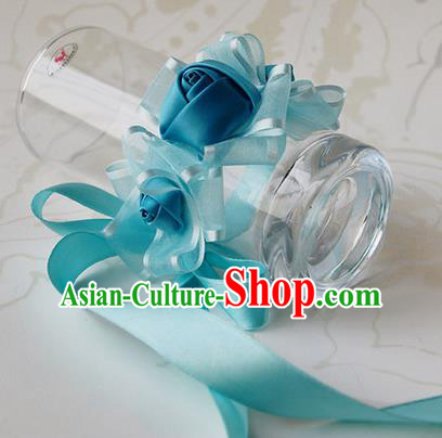 Top Grade Classical Wedding Ribbon Blue Silk Flowers, Bride Emulational Wrist Flowers Bridesmaid Bracelet Flowers for Women