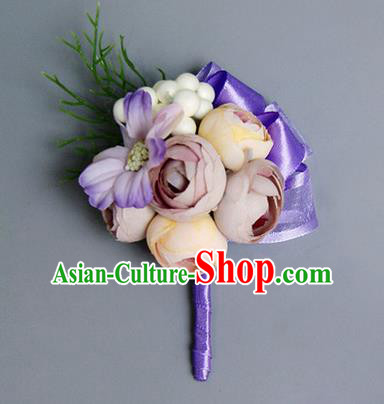 Top Grade Classical Wedding Lilac Silk Flowers,Groom Emulational Corsage Brooch Flowers for Men