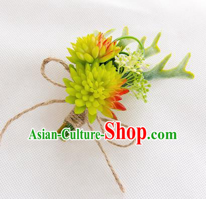 Top Grade Classical Wedding Succulents Flowers,Groom Emulational Corsage Groomsman Light Green Brooch Flowers for Men