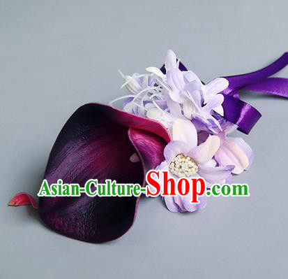 Top Grade Classical Wedding Purple Silk Common Callalily Flowers,Groom Emulational Corsage Groomsman Brooch Flowers for Men