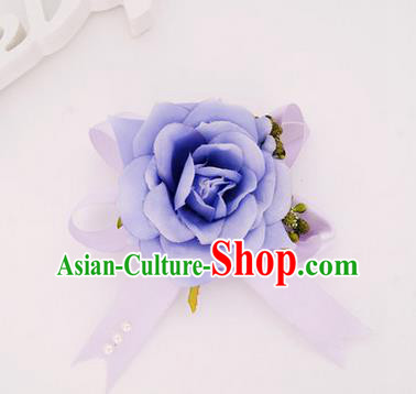 Top Grade Classical Wedding Lilac Silk Flowers, Bride Emulational Corsage Bridesmaid Bowknot Ribbon Brooch Rose Flowers for Women