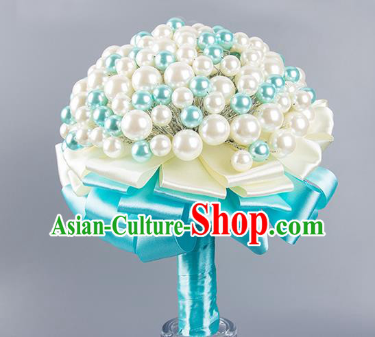 Top Grade Classical Wedding Bride Blue Ribbon Holding Emulational Crystal Flowers Ball, Hand Tied Bouquet Pearls Flowers for Women