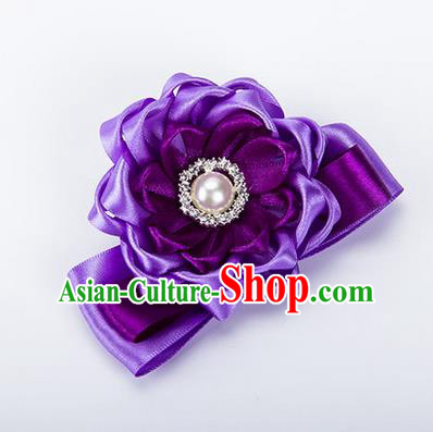 Top Grade Classical Wedding Purple Ribbon Silk Bangle Flowers, Bride Emulational Wrist Flowers Bridesmaid Bracelet Pearl Flowers for Women