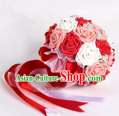 Top Grade Classical Wedding Pink and Red Silk Rose Flowers, Bride Holding Emulational Flowers, Hand Tied Bouquet Pearl Flowers for Women
