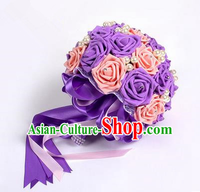 Top Grade Classical Wedding Pink and Purple Silk Rose Flowers, Bride Holding Emulational Flowers, Hand Tied Bouquet Pearl Flowers for Women