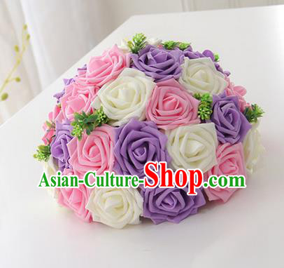 Top Grade Classical Wedding Purple and Pink Flowers, Bride Holding Emulational Flowers, Hand Tied Bouquet Flowers for Women