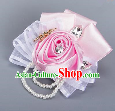 Top Grade Classical Wedding Pink Ribbon Flowers, Bride Emulational Crystal Wrist Flowers Bridesmaid Beads Bracelet Flowers for Women
