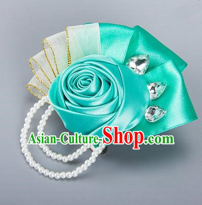Top Grade Classical Wedding Green Ribbon Flowers, Bride Emulational Crystal Wrist Flowers Bridesmaid Beads Bracelet Flowers for Women