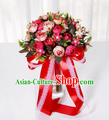Top Grade Classical Wedding Red Ribbon Silk Flowers, Bride Holding Emulational Flowers, Hand Tied Bouquet Flowers for Women
