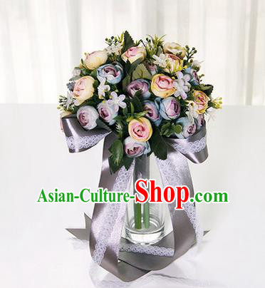 Top Grade Classical Wedding Grey Ribbon Silk Flowers, Bride Holding Emulational Flowers, Hand Tied Bouquet Flowers for Women