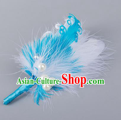 Top Grade Classical Wedding Blue Feather Corsage Brooch, Groom Emulational Corsage Groomsman Brooch Flowers for Men