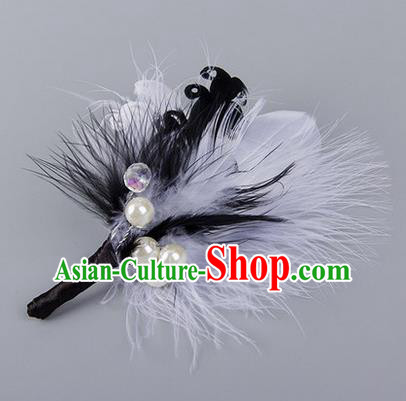 Top Grade Classical Wedding Black Feather Corsage Brooch, Groom Emulational Corsage Groomsman Brooch Flowers for Men