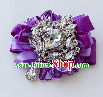 Top Grade Classical Wedding Purple Ribbon Corsage Brooch, Bride Emulational Corsage Bridemaid Crystal Brooch Flowers for Women