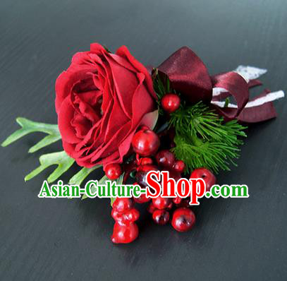 Top Grade Classical Wedding Red Rose Corsage Brooch, Bride Emulational Corsage Bridemaid Brooch Flowers for Women