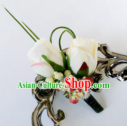 Top Grade Classical Wedding Beige Roses Corsage Brooch, Groom Emulational Corsage Groomsman Brooch Flowers for Men