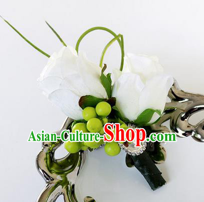 Top Grade Classical Wedding White Roses Corsage Brooch, Groom Emulational Corsage Groomsman Brooch Flowers for Men