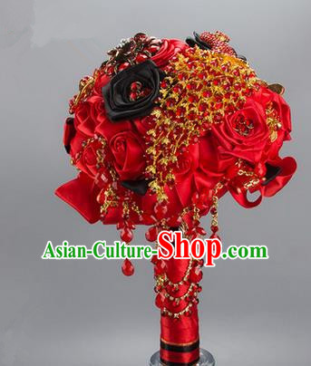 Top Grade Classical China Wedding Red Silk Flowers, Bride Holding Crystal Emulational Flowers Ball, Tassel Hand Tied Bouquet Flowers for Women