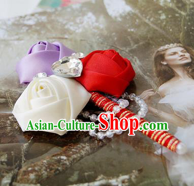 Top Grade Classical Wedding Purple and White Red Ribbon Flowers Brooch,Groom Emulational Corsage Groomsman Crystal Brooch Flowers for Men