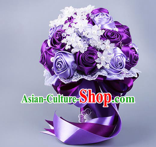 Top Grade Classical Wedding Purple Ribbon Silk Flowers, Bride Holding Emulational Flowers Ball, Hand Tied Bouquet Flowers for Women