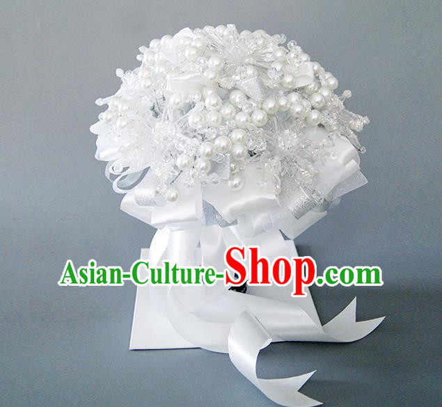 Top Grade Classical Wedding White Pearls Flowers, Bride Holding Emulational Flowers Ball, Hand Tied Bouquet Flowers for Women