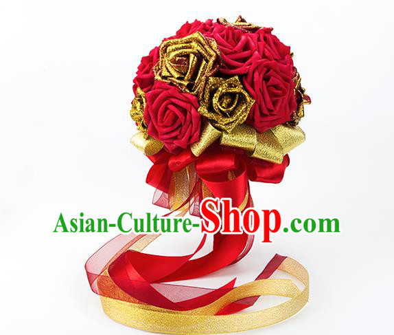 Top Grade Classical Wedding Bride Red Rose Flowers Holding Emulational Flowers Ball, Hand Tied Bouquet Flowers for Women