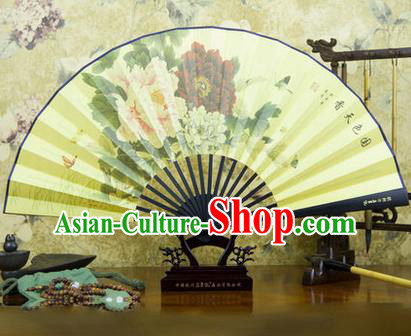 Traditional Chinese Crafts Ebonize Folding Fan, China Sensu Ink Painting Peony Silk Fan Hanfu Fans for Men