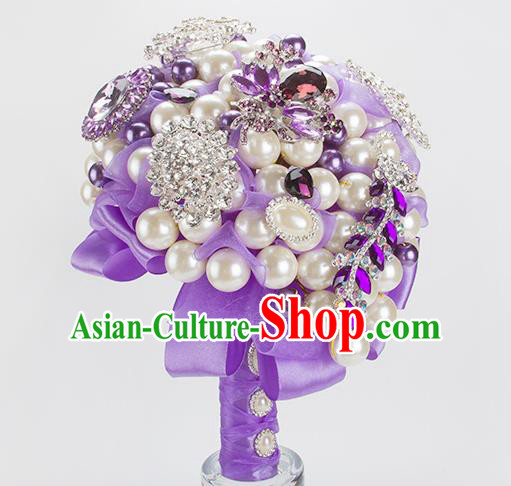 Top Grade Classical Wedding Bride Purple Ribbon Flowers Holding Emulational Flowers Ball, Crystal Hand Tied Bouquet Flowers for Women