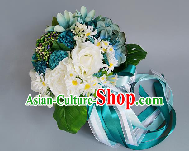 Top Grade Classical Wedding Bride Blue Silk Flowers Holding Emulational Flowers Ball, Crystal Hand Tied Bouquet Flowers for Women